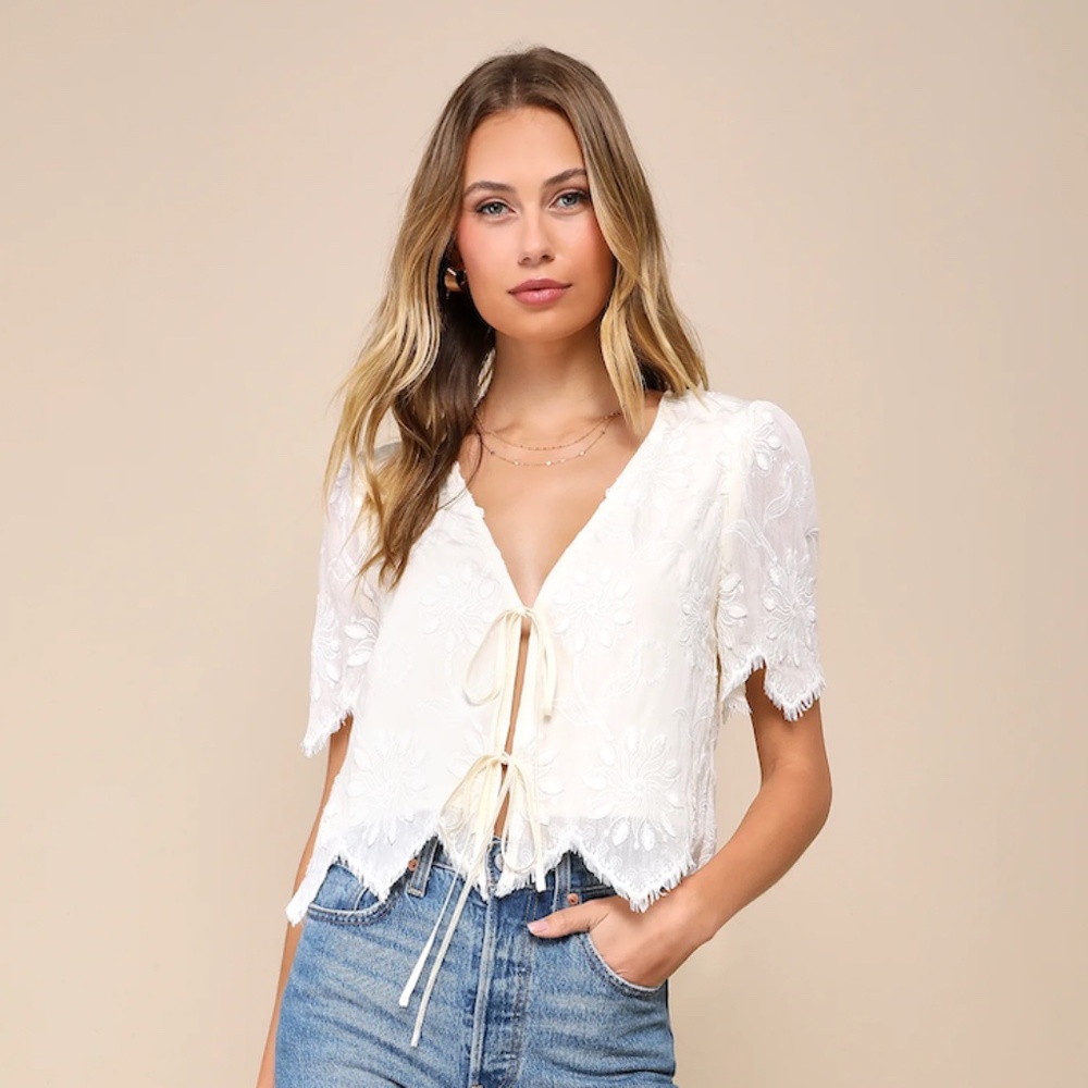 Lulus Vintage Aesthetic Pink Embroidered Tie-front Fringe Hem Top